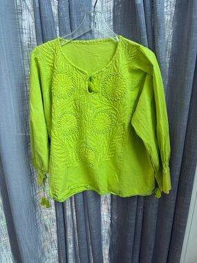 Lime Green Embroidered Peasant Blouse - Women L Tops stitching handmade Mexican
